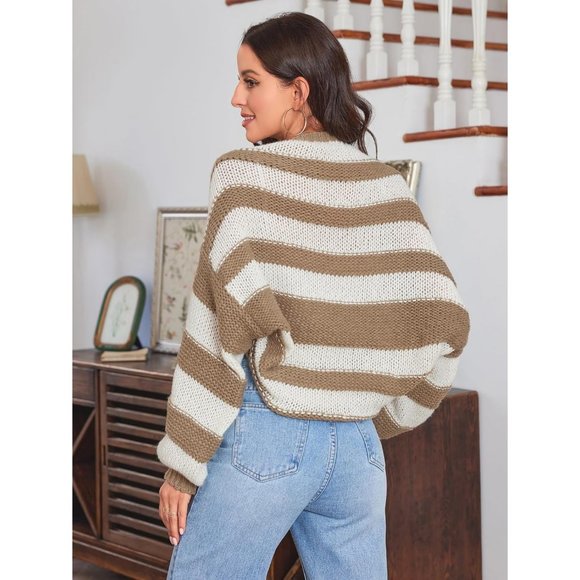 Women's Color Block Striped Open Front Crop Top Long Sleeve Shrug Sweater - Picture 2 of 6